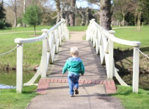 Max walking over the Chinese Bridge at Painshill Park