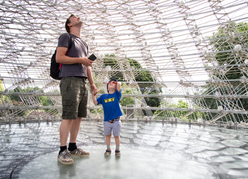 Man and little boy stood in the middle of The Hive at Kew Gardens, looking up into the roof
