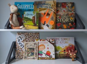 An autumn children's bookshelf, including The Squirrels That Squabbled, On A Magical Do Nothing Day, Storm, Sweep, Autumn Story, Autumn, Goodbye Summer, Hello Autumn
